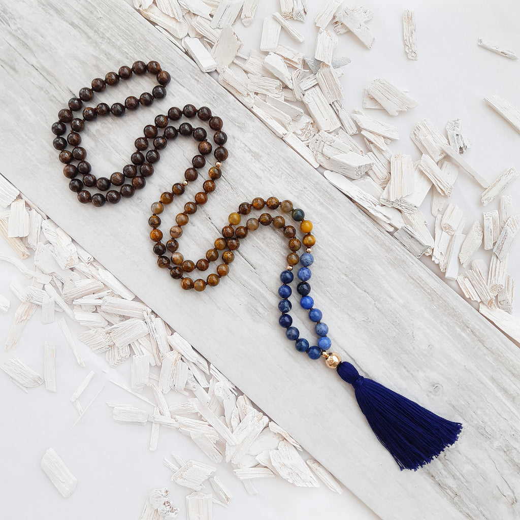 Mala necklace with 8mm Bronzite, Golden Pietersite and Dumortierite beads and gold filled 10mm guru bead