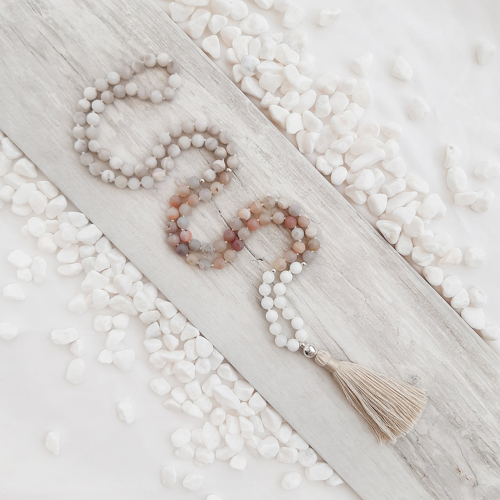 Mala necklace with 8mm Druzy Agate, Matte White Lace Agate and Snow Jade beads and sterling silver 10mm guru bead