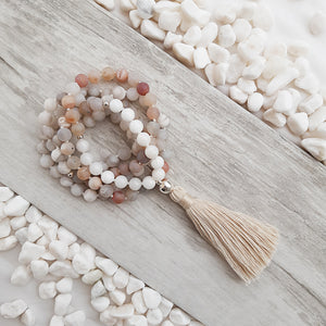 Mala necklace with 8mm Druzy Agate, Matte White Lace Agate and Snow Jade beads and sterling silver 10mm guru bead